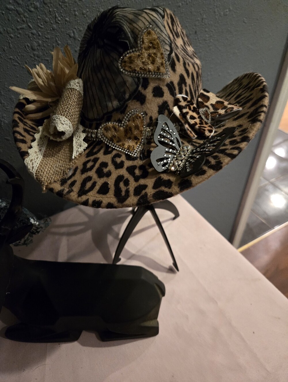 Leopard Print Western Hat with Heart & Butterfly Accents - Brown